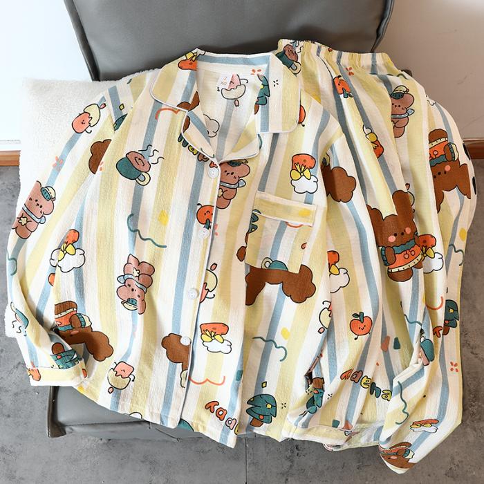 Женский пижамный комплект с рисунком медведя из мультфильма, осенняя пижама для женщин в стиле Харадзюку, повседневная домашняя одежда, одежда для сна