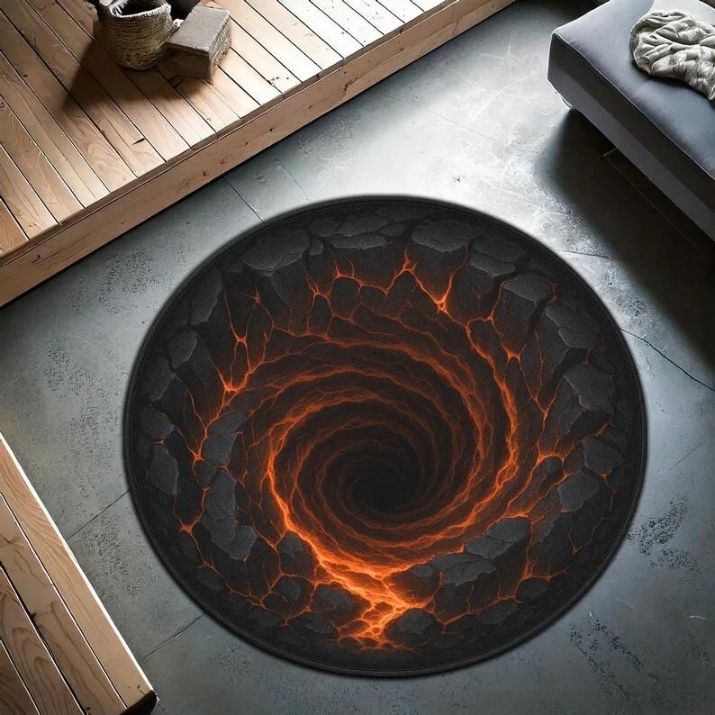 Tappeto rotondo unico con flusso di lava illusione 3D con motivo a fulmine elettrico Tappeto da soggiorno moderno con bordo in roccia