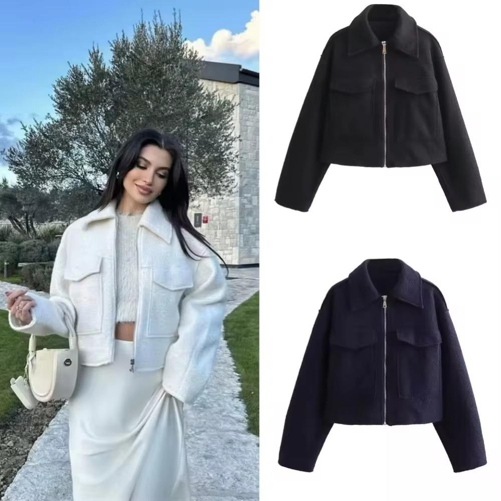 Autumn New Product Women's Fashion and Casual Versatile Polo Collar Long Sleeve Zipper Short Jacket Coat
