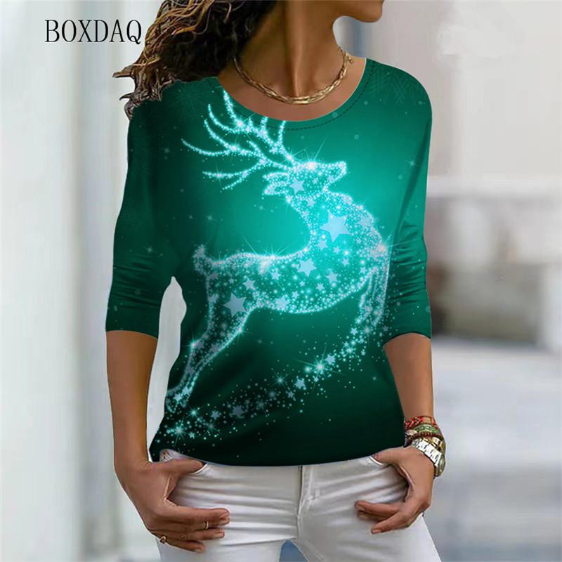 Женские рождественские модные футболки с длинным рукавом, осенне-зимние, с абстрактным рисунком оленя, 3D-принтом, уличная футболка, свободные повседневные топы