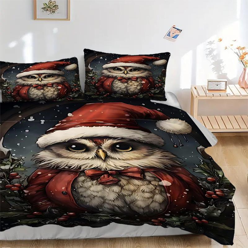 3pcs Christmas Owl Comforter Set with 1 Quilt Cover & 2 Pillowcases (No Core) - Festive Gift for Bedroom Decor, Anime Cartoon Design, Polyester Fabric