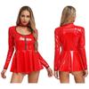 Women Latex Dress Deep V Neck Mesh Long Sleeves Mini Dress Shiny Faux Leather Dress Halloween Costume Rave Party Punk Club Wear
