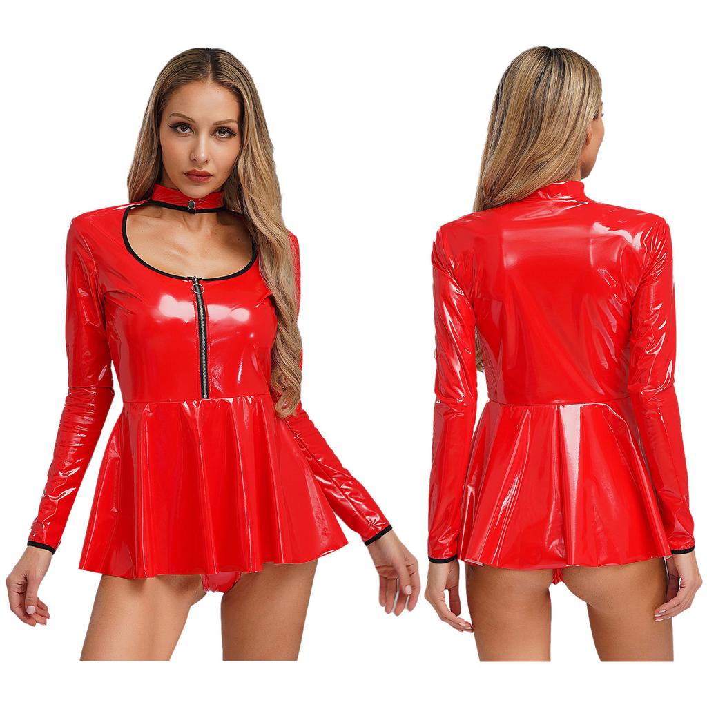Women Latex Dress Deep V Neck Mesh Long Sleeves Mini Dress Shiny Faux Leather Dress Halloween Costume Rave Party Punk Club Wear