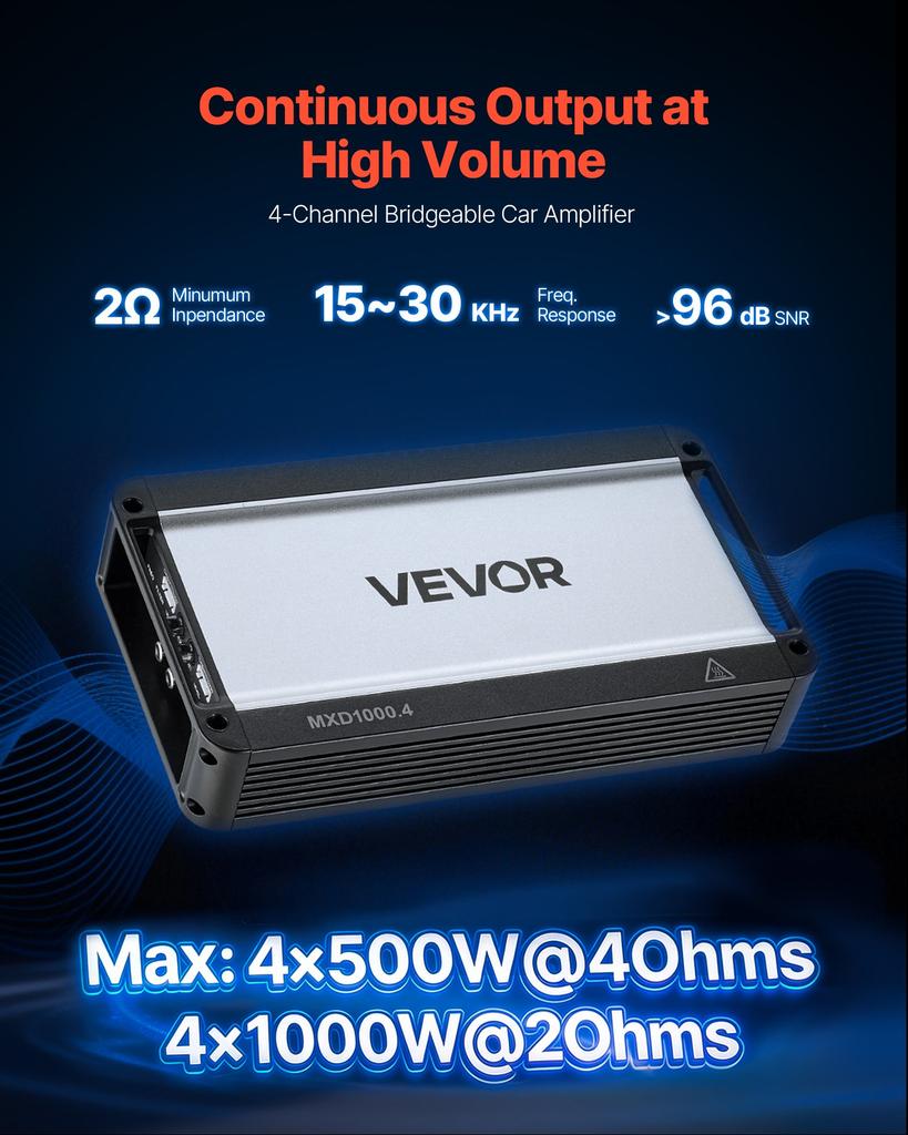 VEVOR Car Audio Amplifier, 4-Channel Bridgeable Car Amplifier, Multichannel Class D Stereo Amp, Max. 4 x 500W at 4 Ohms / 4 x 1000W at 2 Ohms