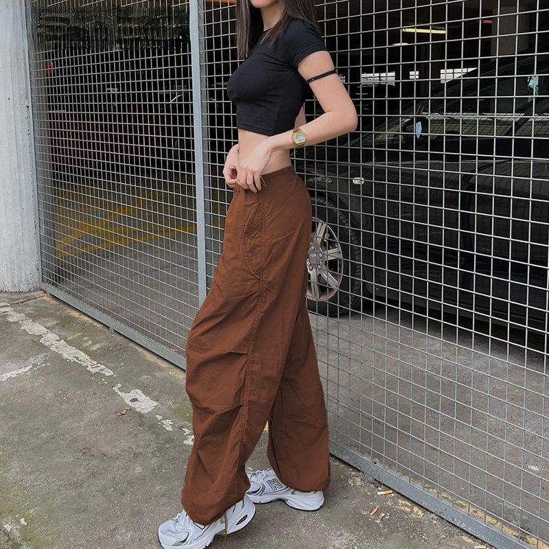 Женские повседневные мешковатые широкие спортивные штаны, модные винтажные шикарные однотонные брюки на шнурке, свободные уличные брюки Y2K для бега, брюки-карго
