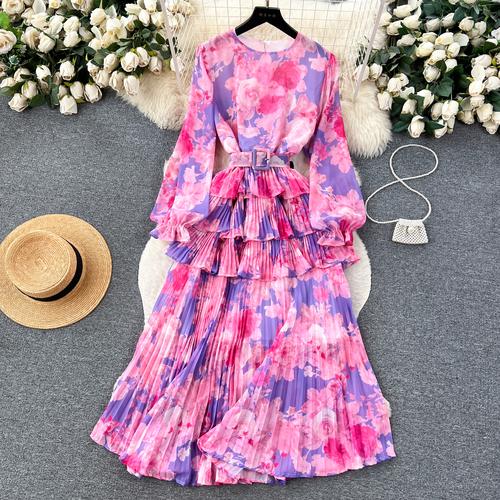 Новое осеннее элегантное женское платье с круглым вырезом и принтом в стиле пэчворк, складками и оборками, с длинными рукавами и высокой талией