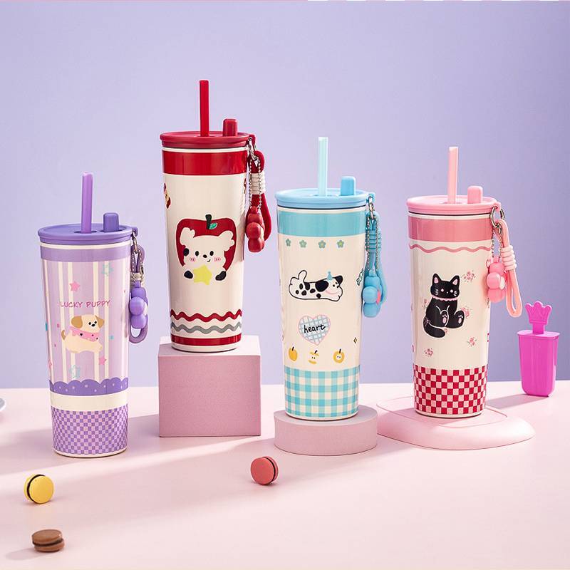 Petal Straw Cup Insulated Travel Mug With Carrying Rope For School And Commuting