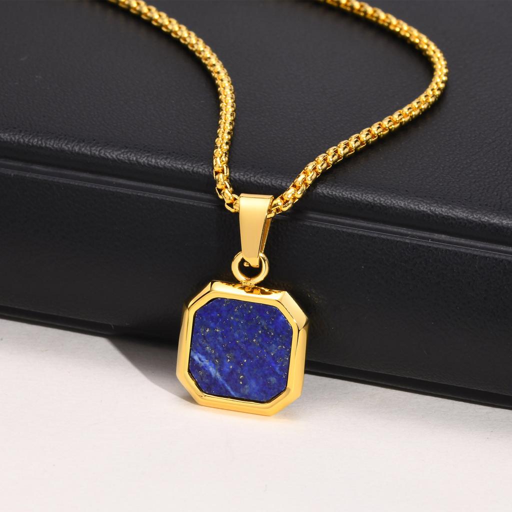 Square Pendant Necklace For Women Men, Stainles Steel Gemetric Lapis Lazuli Necklace Jewelry