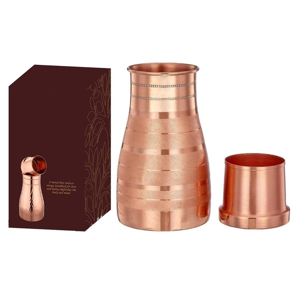 Copper Designer Copper Water Bottle | Pitchers | Water Jug | Bedroom Jar | Bedside Bottle Carafes with Tumbler/Glass with Lid 1250 ML (Diamond Touch)