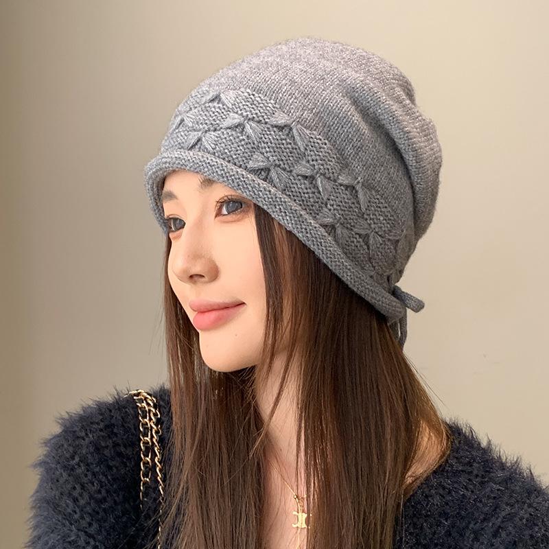 Rawstring Detail Stretchy Slouchy Beanie Hat, Unisex Solid Color Soft Adjustable Winter Knitted Skull Cap