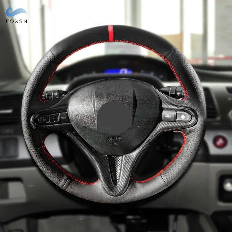 Car Interior Steering Wheel Cover For Honda Civic 8th MK8 2005 2006 2007 2008 2009 2010 2011 Perforated Leather Trim W/ Red Bar