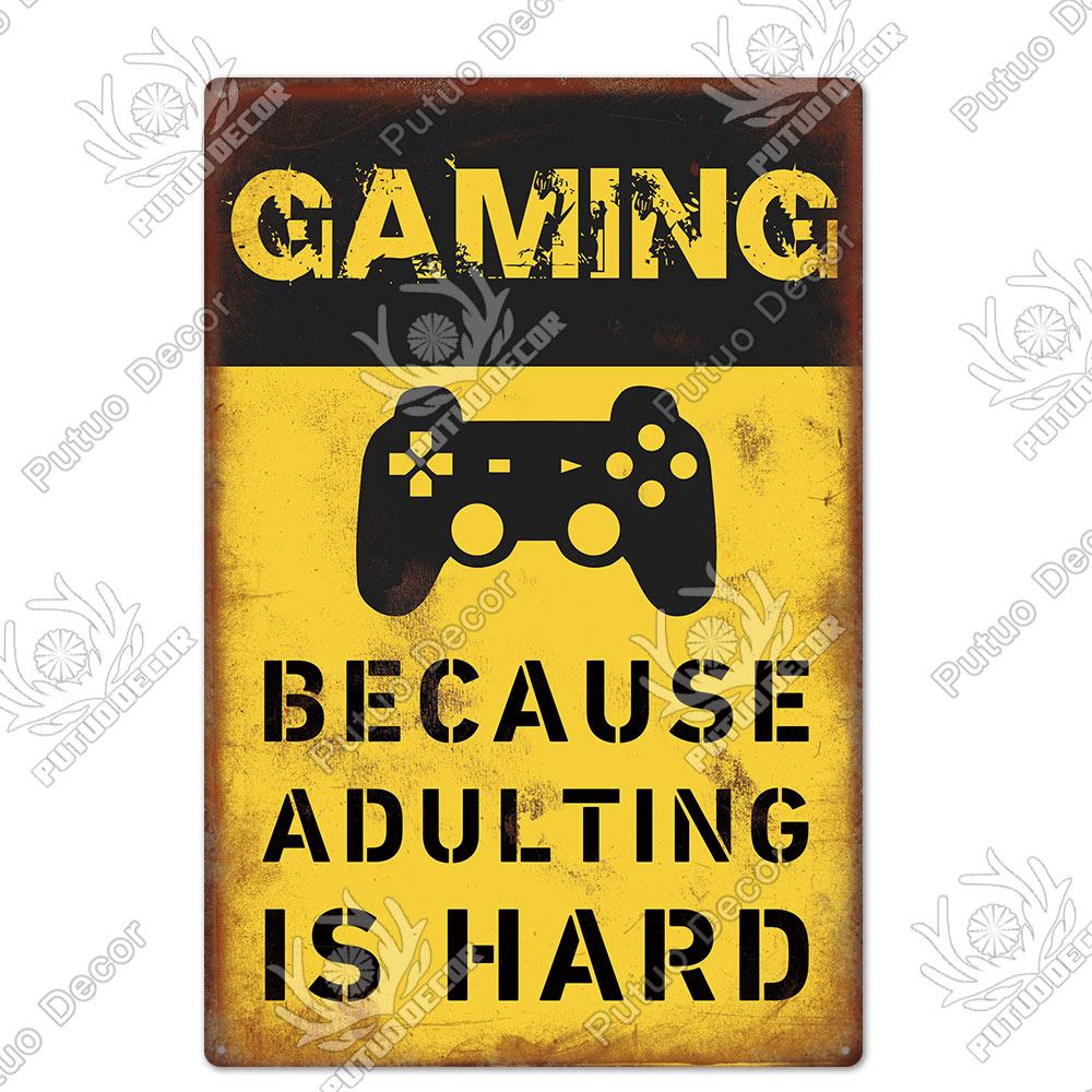 Decor Funny Gamer Metal Signs Vintage Tin Sign Gamer At Work Retro Signs for Home House Club Game Room Man Cave Wall Decor