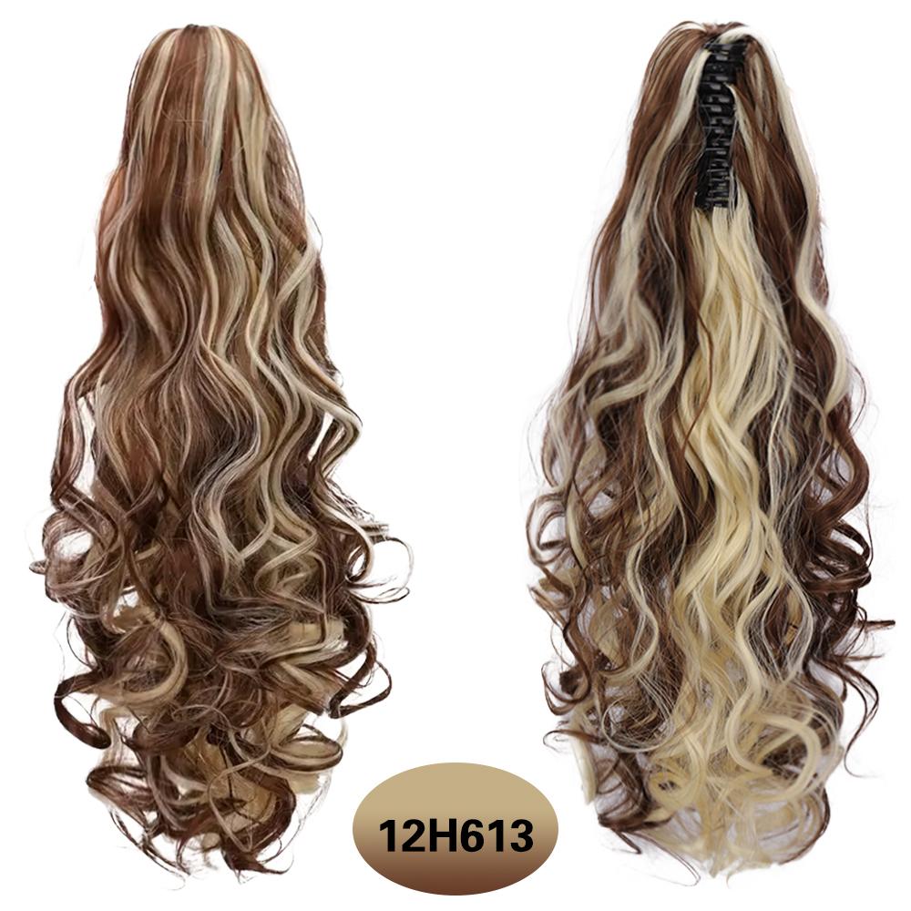 XINRAN Synthetic Long Wavy Brown With Golden Highlights Ponytails Hair Extension Claw Drawstring Ponytails For Women Daily Wear