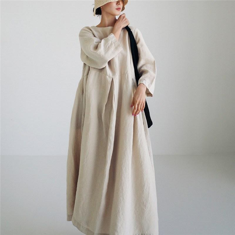 Свободный женский хлопковый льняной пуловер больших размеров с круглым вырезом, однотонное платье длиной до колена, большое свободное платье