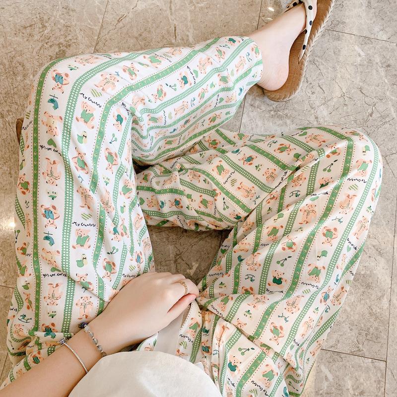 Cotton and silk family summer women's cotton and silk pajama pants high waist wide leg pants thin single wear can be worn outside home pants