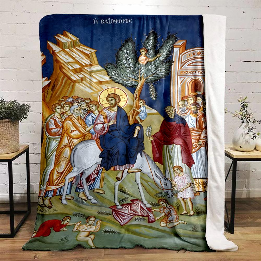 Byzantine-style Christian icon print flannel blanket for bedroom, living room, sofa, and naps