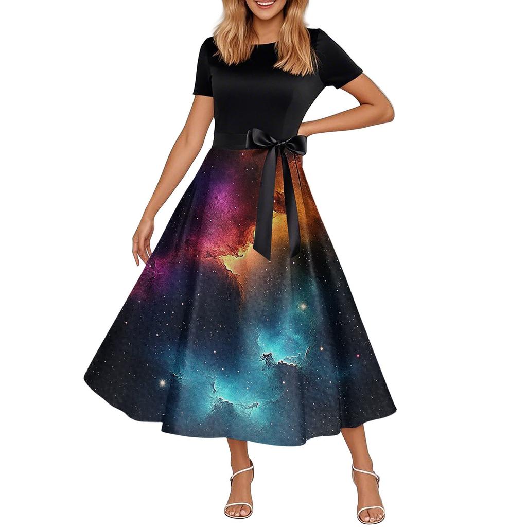 Платье-клеш в стиле ретро с принтом для женщин, повседневное, с коротким рукавом, круглым вырезом, винтажное платье