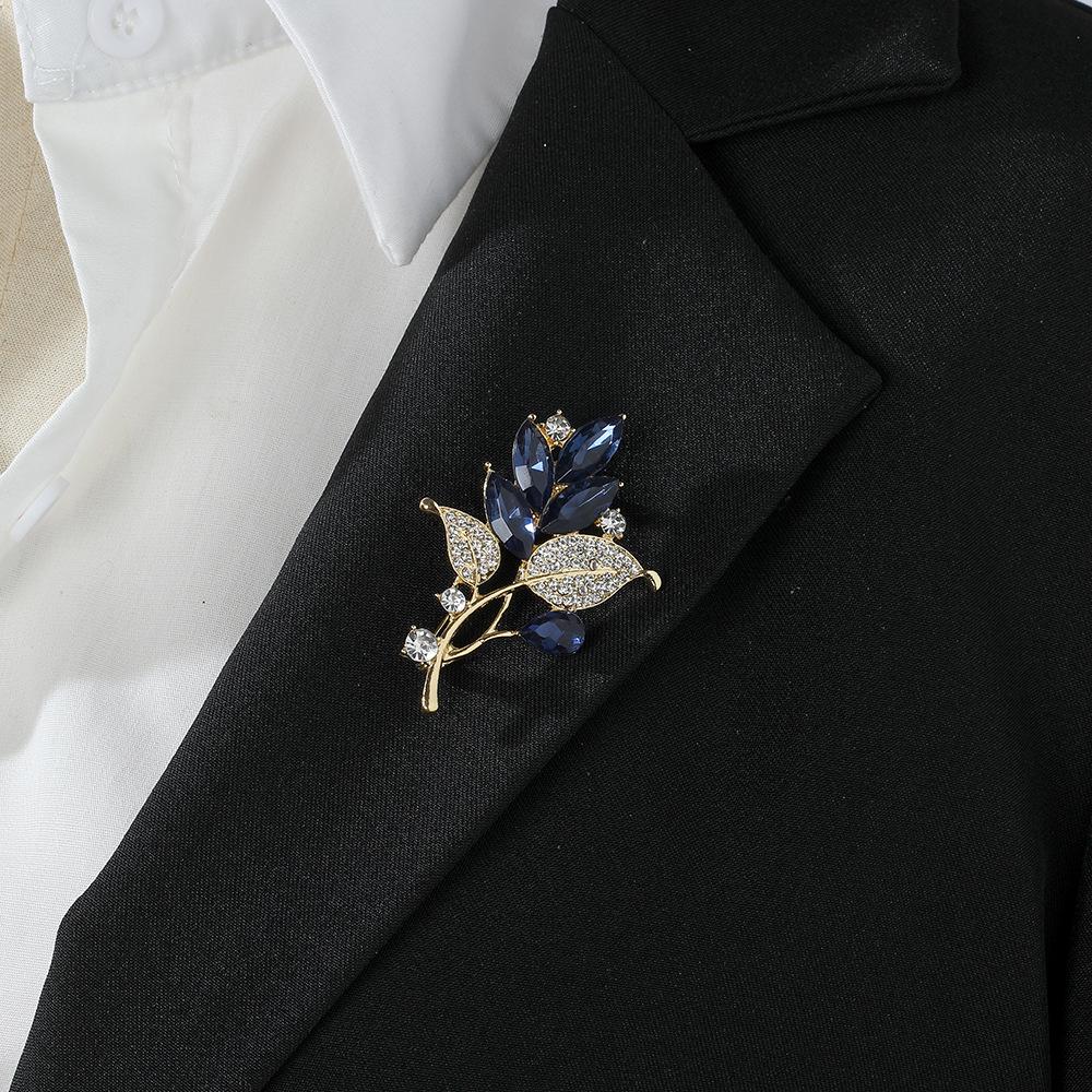 Элегантная брошь-листок из синего кристалла со стразами для женщин - Роскошный дизайн для костюмов и ципао