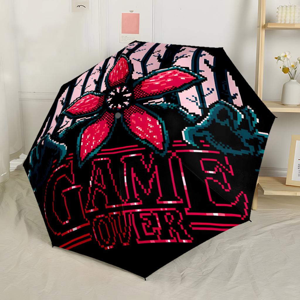 Stranger Things Fiery Faces Compact Travel Automatic Umbrella Compact 8-Rib Design Durable Plastic & Iron for Outdoor Daily Use Elegant Umbrella