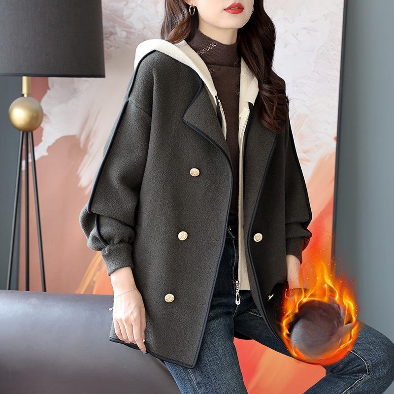 С капюшоном, имитация двух частей, двубортная трикотажная куртка на осень, корейский новый стиль, свободное темпераментное шерстяное пальто для женщин