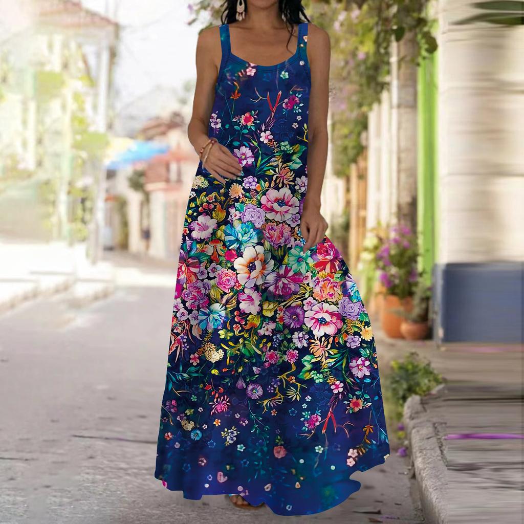 Women's Slip Dress Maxi Long Dress Pink Sparkling Flowers Print Dress Spring & Summer Leisure Vacation