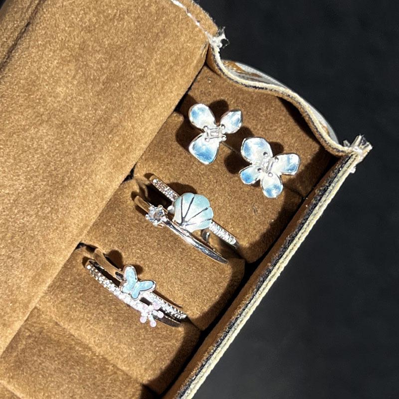 Stacking cream wind blue gradual change blue butterfly flower language smart flower butterfly ring women's fashion cold wind index finger ring