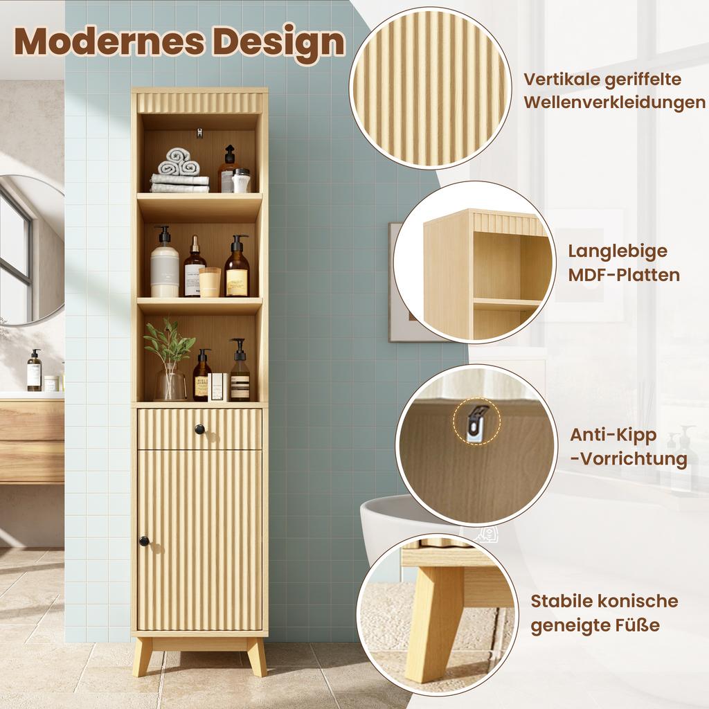 Tall Freestanding Bathroom Cabinet, Vertically Fluted Fronts, Reversible Left-Right Door, Drawer, Soft-Close Hinges, 40×36×172 cm, Natural Wood Color