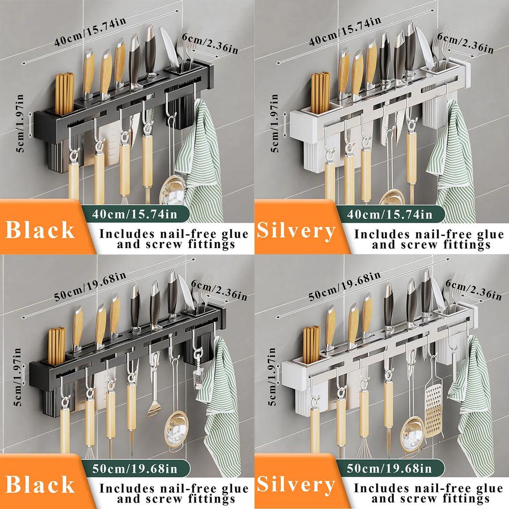 Стойка для хранения кухонных принадлежностей из нержавеющей стали, настенный держатель для ножей, съемная стойка для хранения ножей с несколькими кронштейнами и крючками