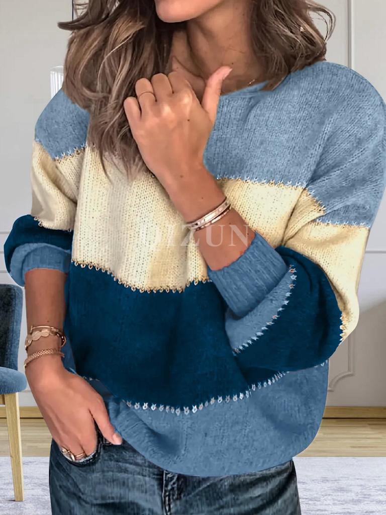 Женский свитер свободной вязки с длинными рукавами, осенне-зимний, с круглым вырезом