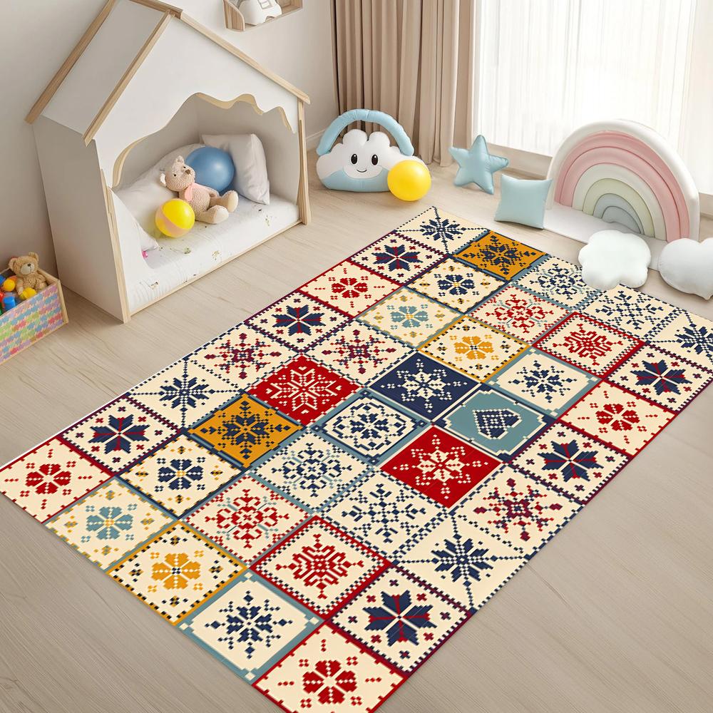 Vintage Tile Pattern Patchwork Carpet Traditional Artistic Style Easy Clean Rug for Living Room Kids Bedroom Home Decor