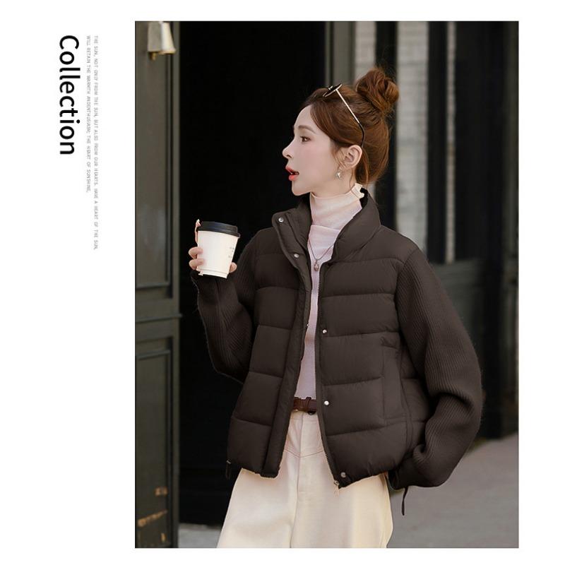 Women Short Cotton Jacket Stand Collar Long Sleeve Solid Color Casual Winter Coat