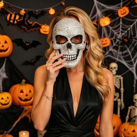 Rhinestone Skull Halloween Mask Sparkling Rhinestones Mask, 3D Comfortable Full Face Bling for Adult Cosplay Parties & Haunted House Props Adjustable