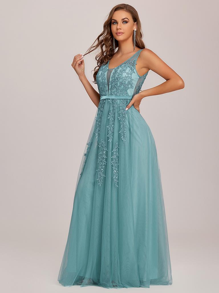 Элегантные женские вечерние платья Ever-Pretty из струящегося тюля с прозрачными аппликациями и V-образным вырезом без рукавов