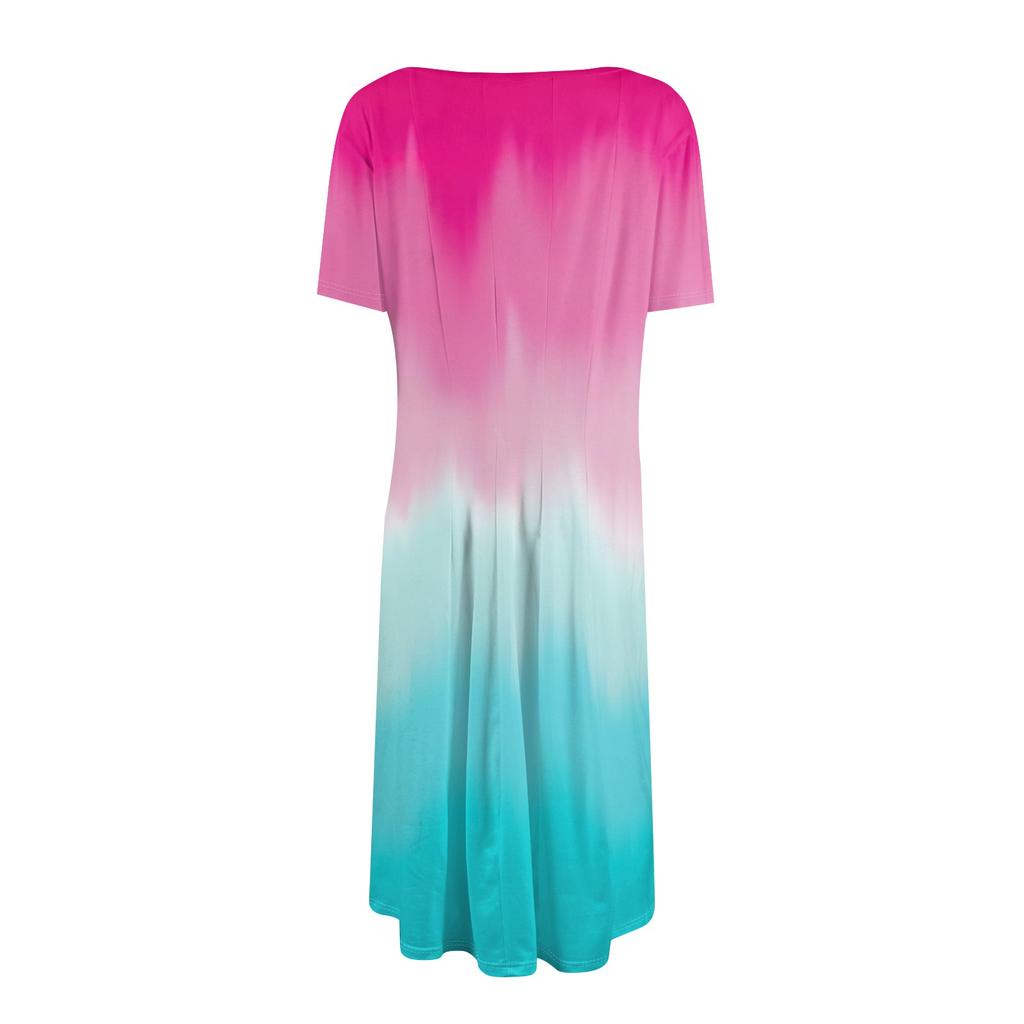 Женское повседневное модное платье с круглым вырезом и коротким рукавом средней длины с градиентом