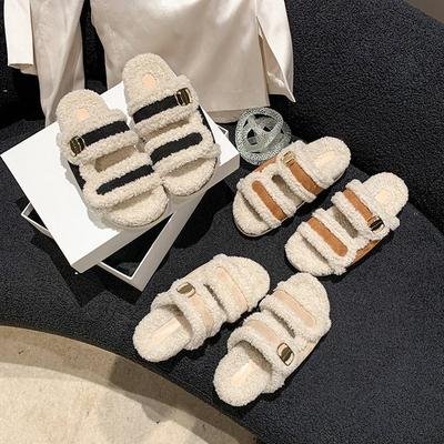 Модные женские плюшевые тапочки Зимние меховые уличные пушистые мюли Модные теплые удобные повседневные тапочки на плоской подошве