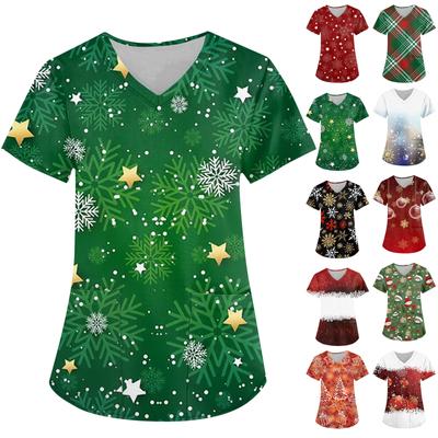 Женская мода с v-образным вырезом, короткими рукавами и карманами, топы с рождественским принтом