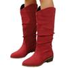 Women Fur Suede Boots Pleated Wedge Long Boots Ladies Round Toe Slip On Mid-calf Boots Low Heel Botas Mujer Size 43