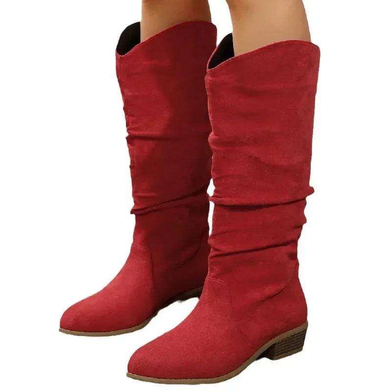 Women Fur Suede Boots Pleated Wedge Long Boots Ladies Round Toe Slip On Mid-calf Boots Low Heel Botas Mujer Size 43
