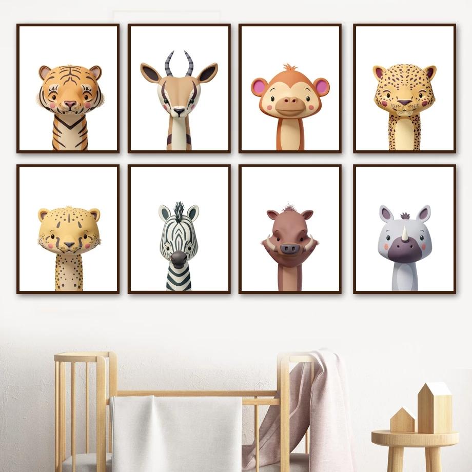 Nordic Poster Print Jungle Animal Elephant Zebra Tiger Lion Giraffe Leopard Nursery Wall Art Canvas Painting Pictures Kids Room