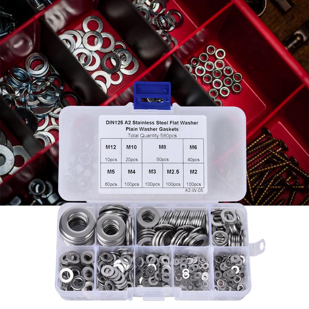 580PCS Stainless Steel Flat Washer Assortment Set M2 M2.5 M3 M4 M5 M6 M8 M10 M12