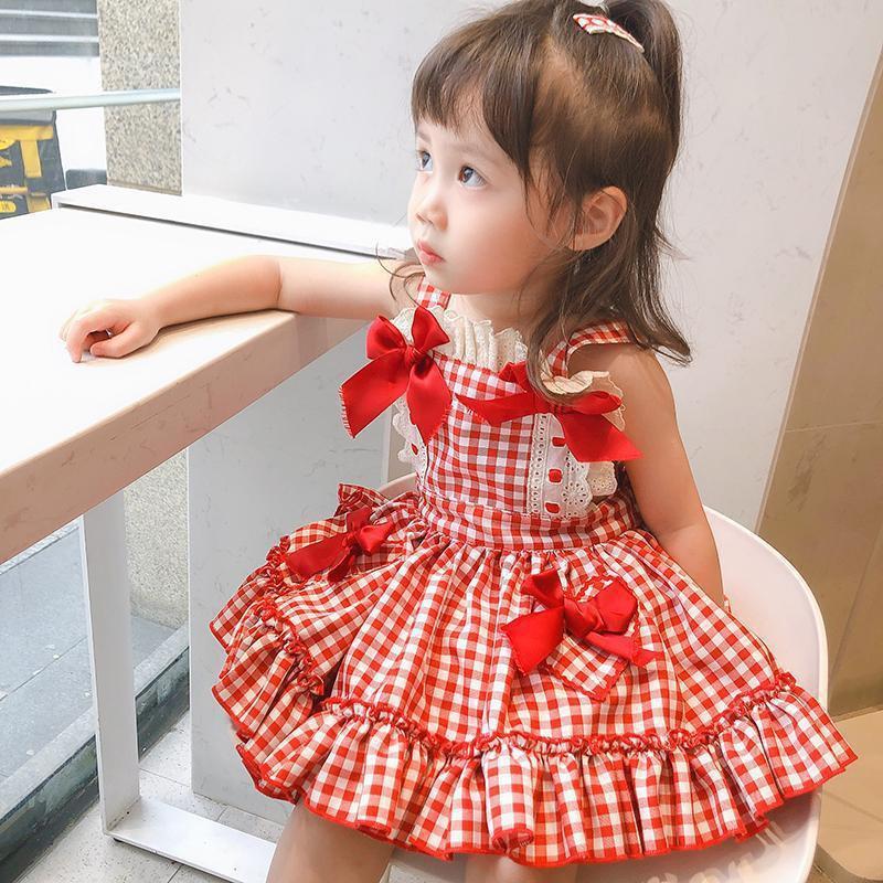 Детское клетчатое платье с принтом для девочек, летнее платье, кружевное платье с бантом, платье принцессы Лолиты, платье с квадратным вырезом