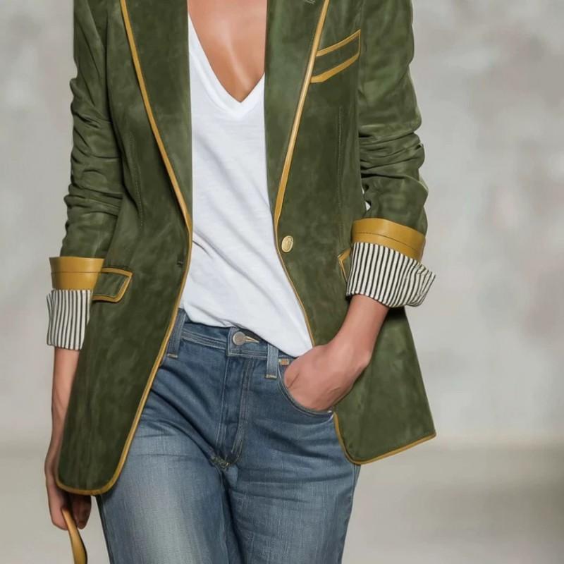 Vintage Olive Green Blazer Women Contrast Trim Striped Cuffs Regular Fit Long Sleeve