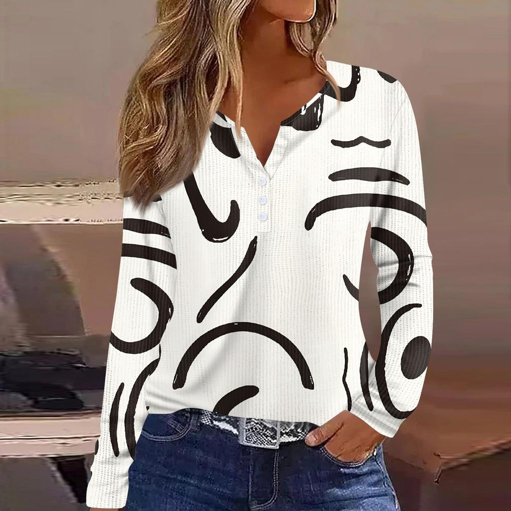 Женская футболка с принтом на пуговицах, длинный рукав, вязаный свитер, повседневный, модный, на выходные, базовый, с V-образным вырезом, обычный топ