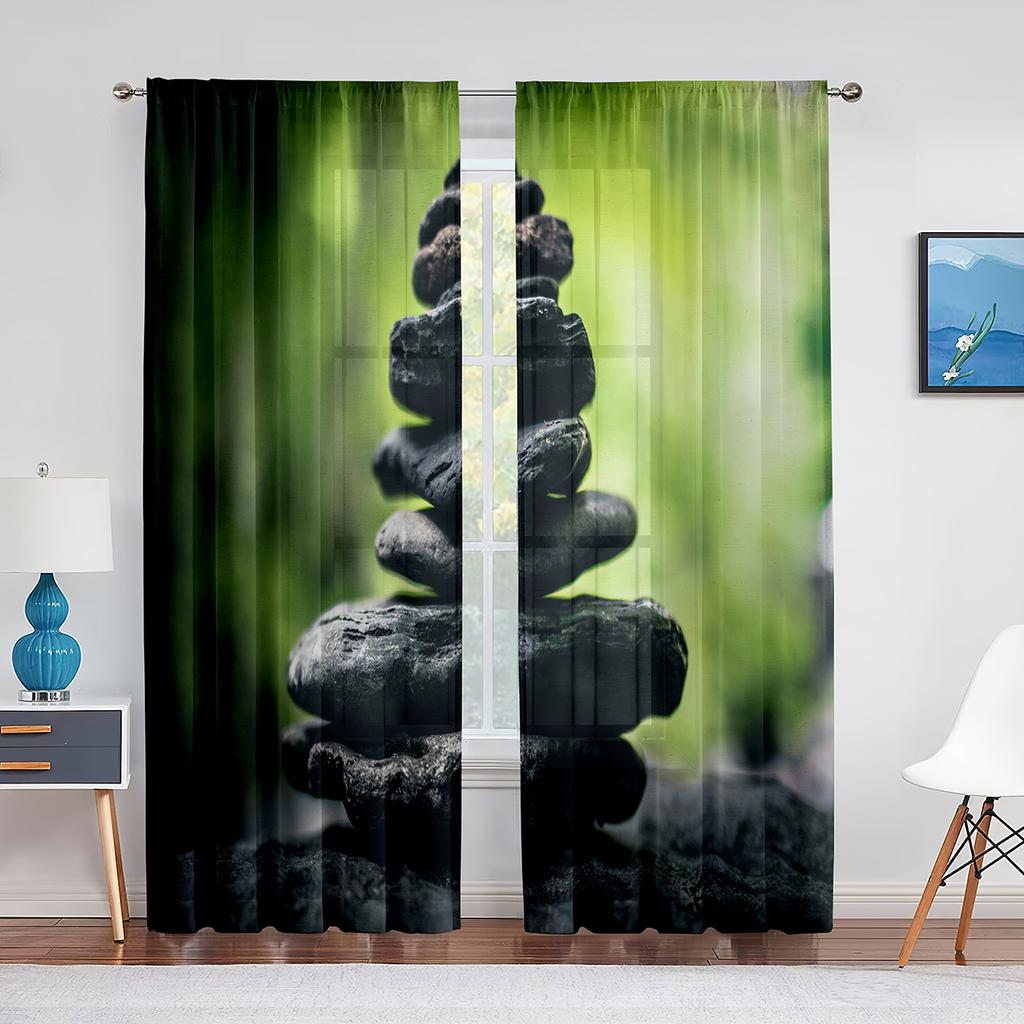 Zen Spa Green Bamboo Black Stone Flower Sheer Curtains for Living Room Bedroom Decorations Window Voiles Tulle Curtain Drapes