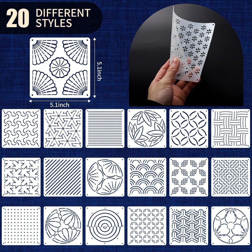 20pcs/25pcs Geometric Pattern Sashiko Stencil Kit Reusable PET Sashiko Thread Kit Handmade DIY Sashiko Embroidery Template