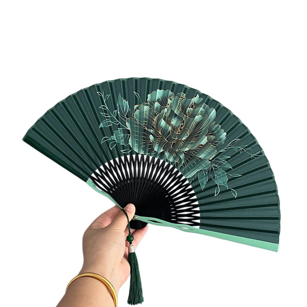 Bamboo Frame Folding Hand Fan Peony Flower Dance Fan Gentle Design Retro Handheld Fan Gift Giving