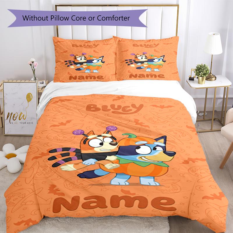 3pcs Custom Name Bluey Bedding Set Duvet Cover Closure Includes 1 Duvet Cover & 2 Pillowcases, Soft and Comfortable for All Seasons.