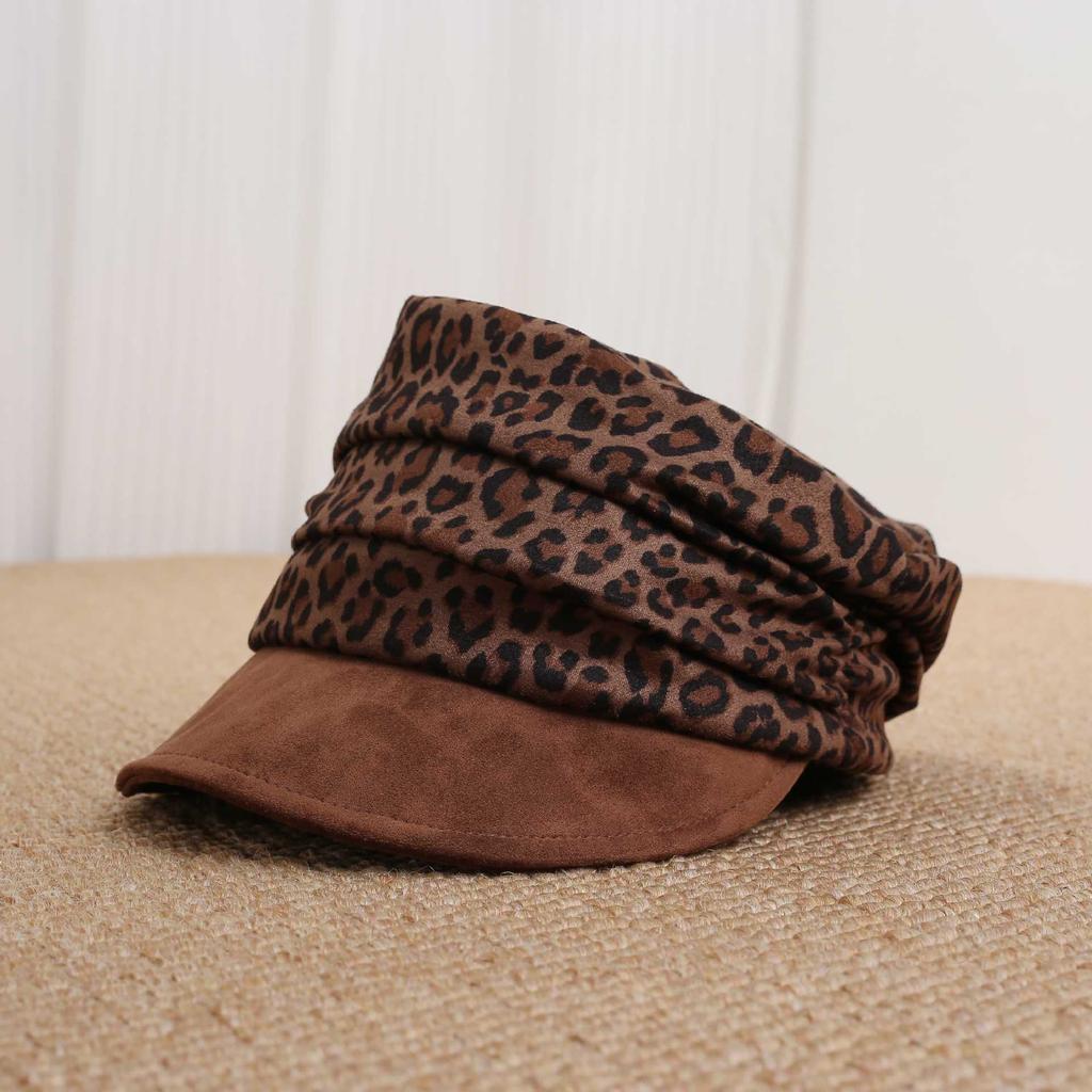 Leopard print pleated newsboy hat female autumn and winter suede splicing brim octagonal hat lazy face ducktongue painter