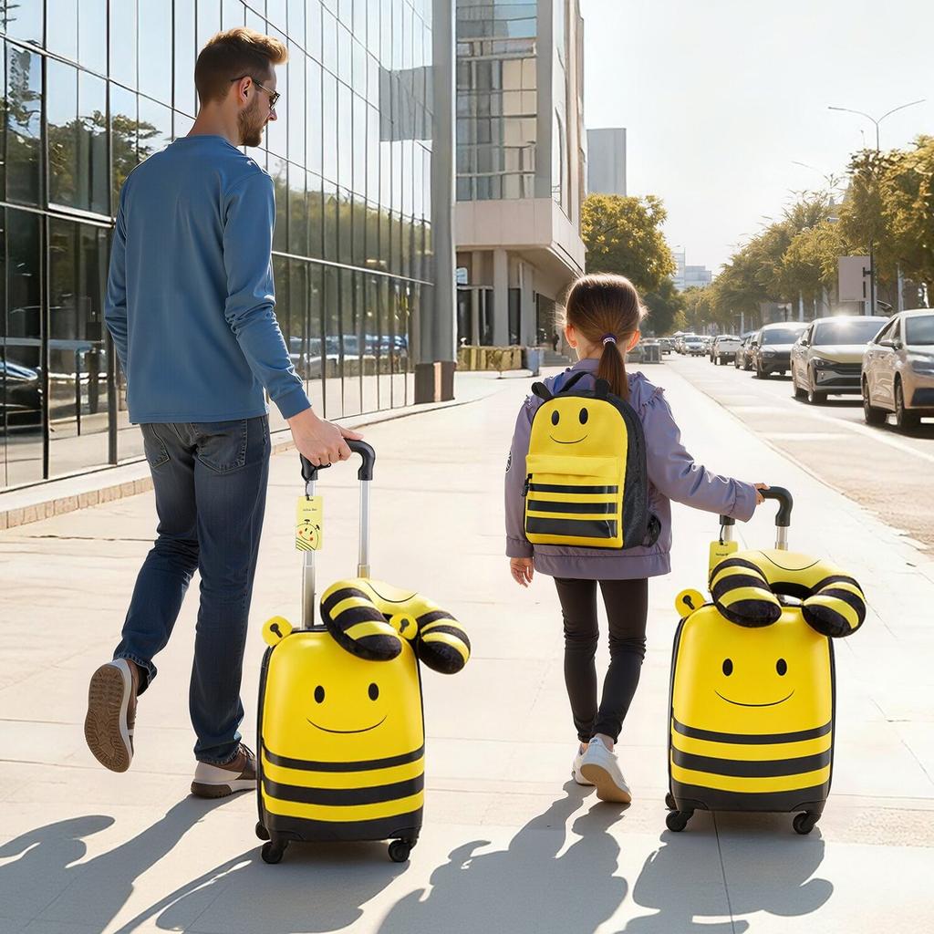 Kids Luggage Set, 5 Piece, 45.7 cm Hardside Rolling Wheels Suitcase with Backpack & U-shape Pillow, Bee Kids Carry on Luggage Set, Holiday Birthday