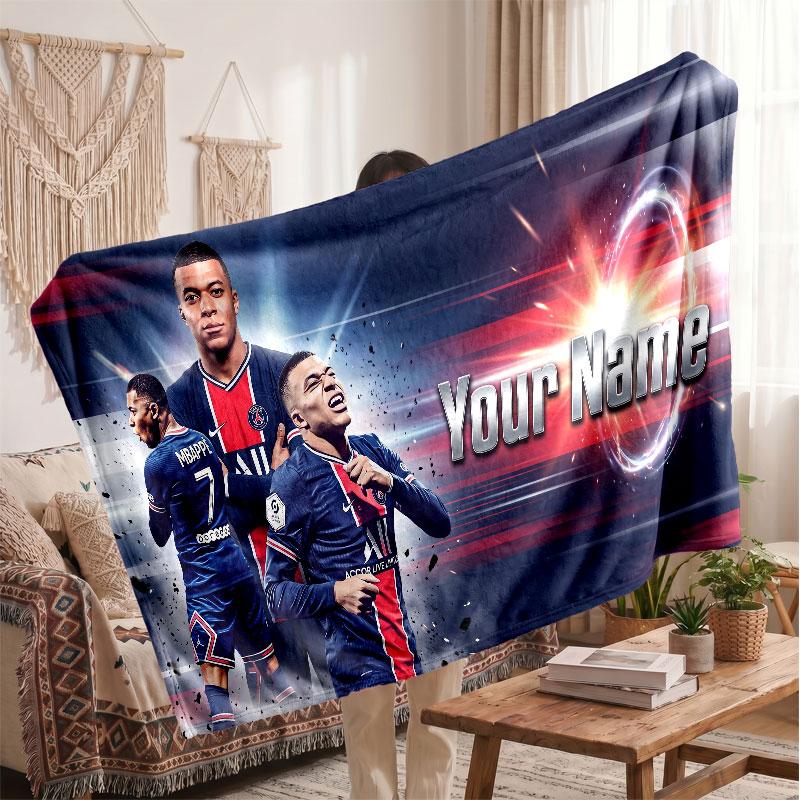 Kylian Mbappe Personalized Fleece Blanket With Football Logo, Custom Name Text Soft Warm Home Throw Blanket